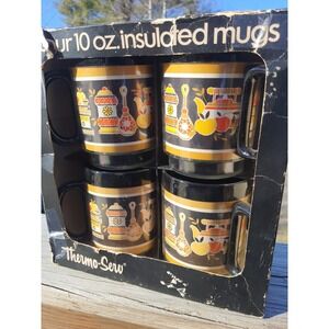 Vintage West Bend Thermo-Serv 10 Oz. Insulated Mugs Cups Night Fall Retro 4pc